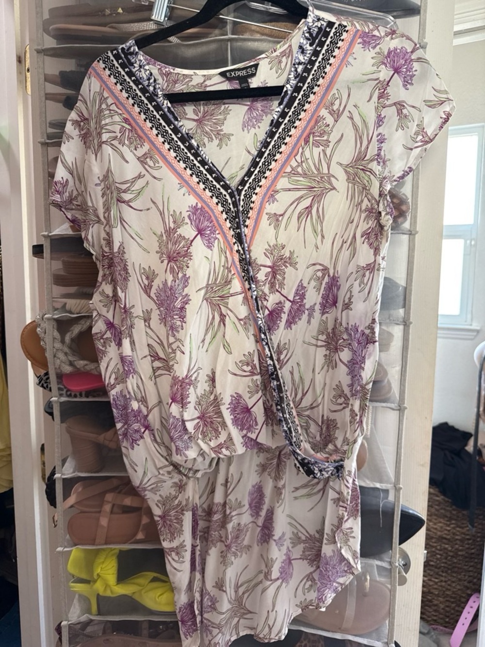 Express Cream and Lavender Floral V-Neck Tunic